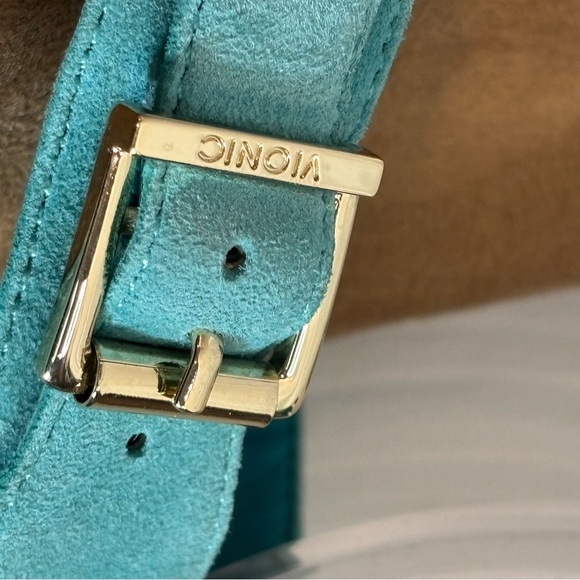 VIONIC Sz 10 Teal Wedge Strappy Sandals Buckle Closure Suede Orthotic Footbed - Picture 9 of 15